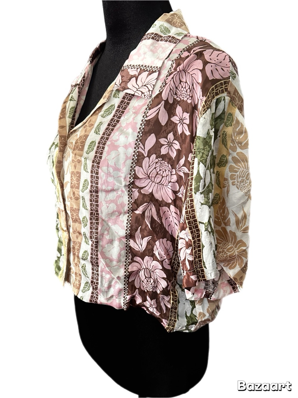 Satin Floral Patchwork Print Button Shirt - Pink, Brown, Green size small - Picture 5 of 10